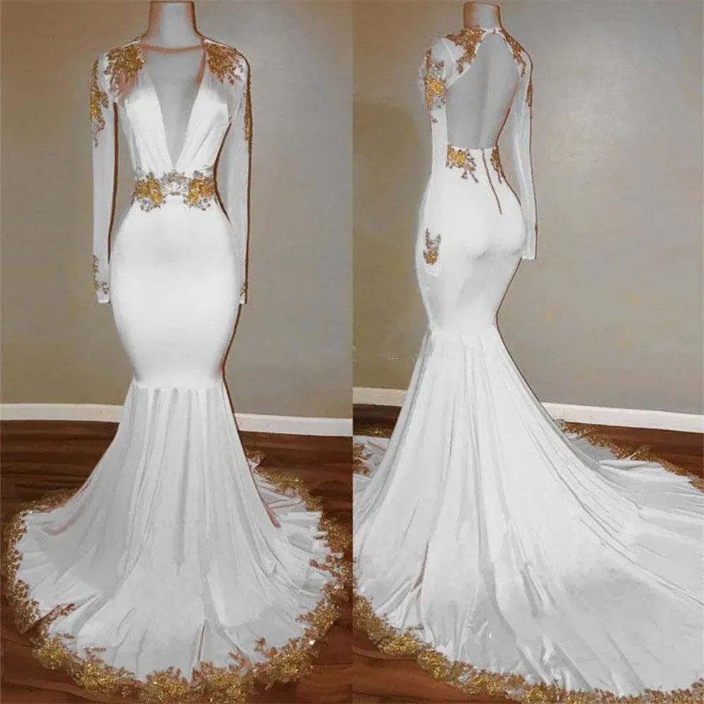 Vestidos de fiesta de sirena de oro blanco Escote pronunciado sexy Apliques dorados Vestidos de noche con espalda abierta de satén Mangas largas Parte sin espalda