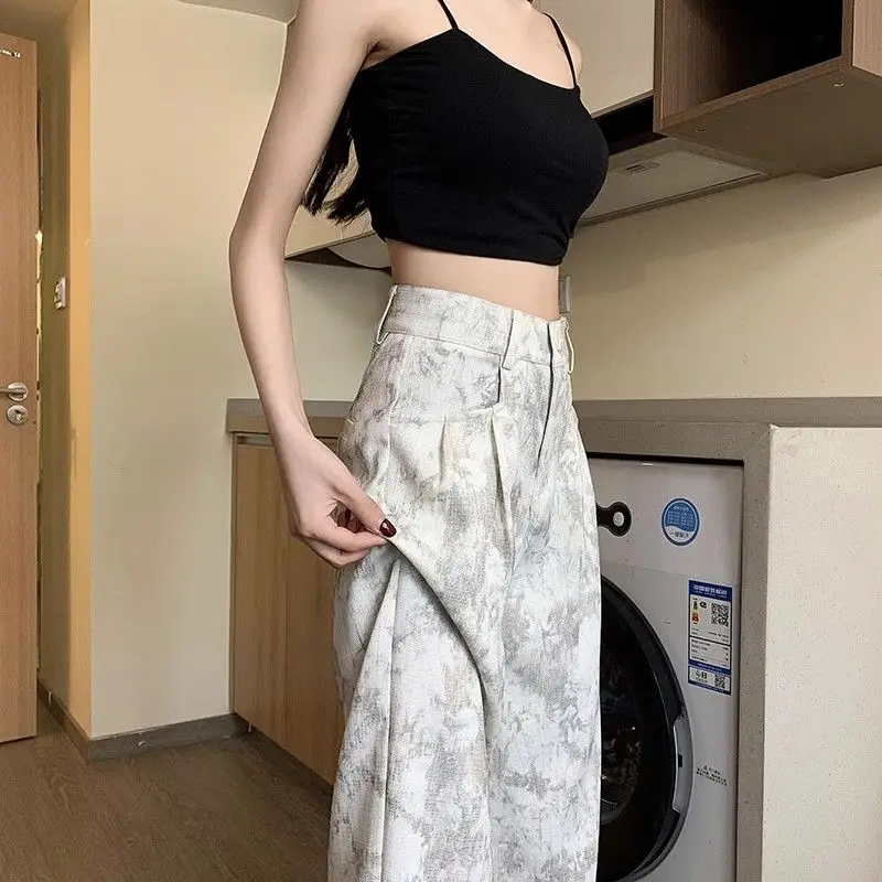 Off White High Waisted Printed Wide Leg Pants For Women's Summer 2024 New Loose Hanging Tie Dye Casual Pants