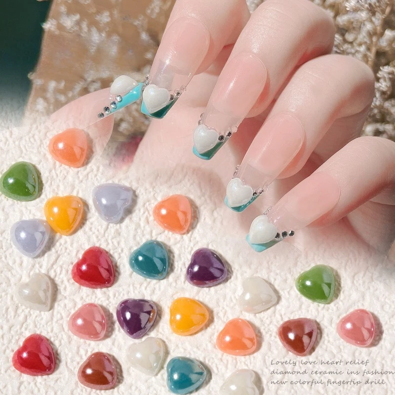 50Pcs Small White Ceramic 3D Heart Nail Charms Porcelain Flatback Colorful Love Shapes UV Gel DIY Manicure Nail Art Decor Set