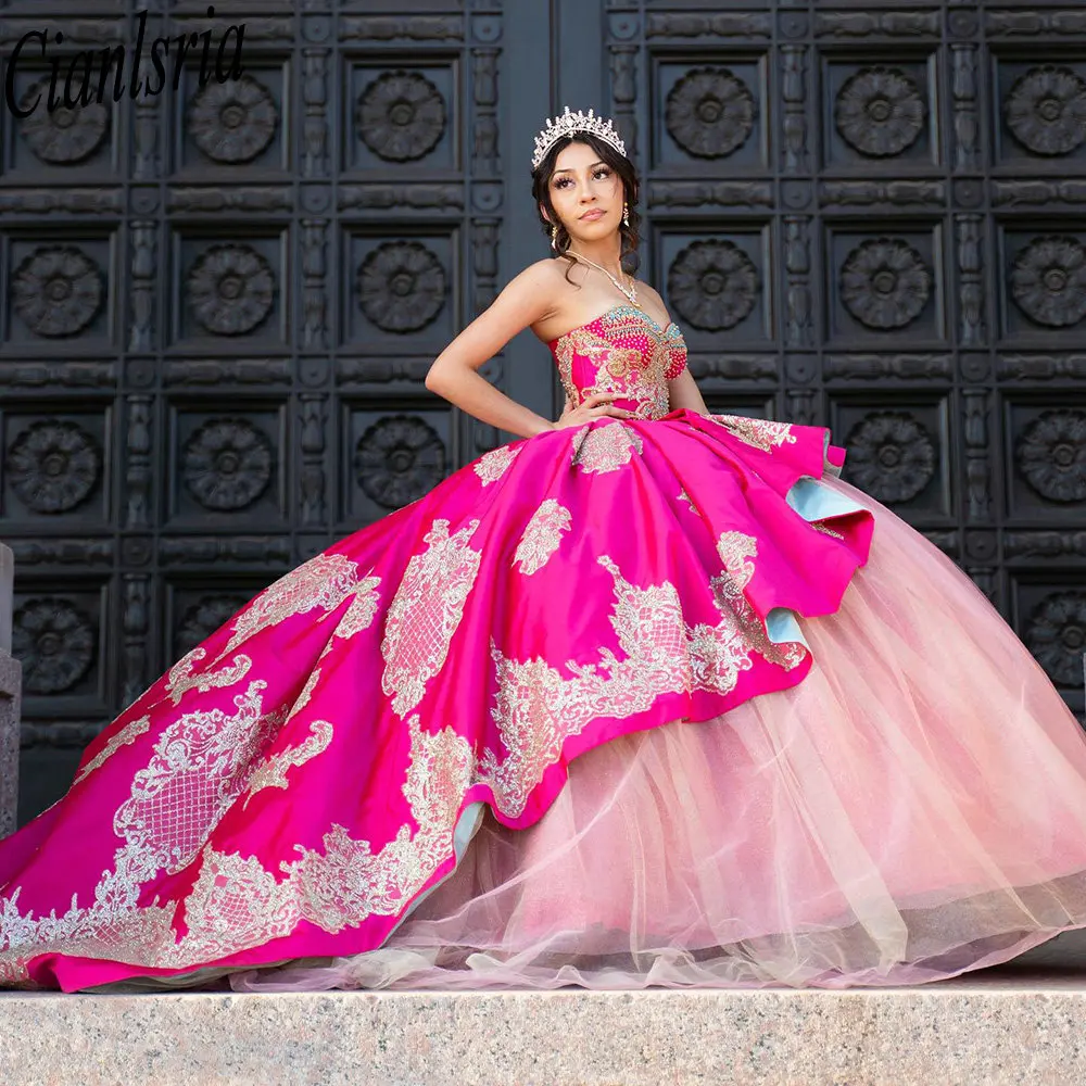 

Pink Princess Beading Crystal Ball Gown Quinceanera Dresses Gold Appliques Lace Ruffles Corset Vestidos De 15 Años