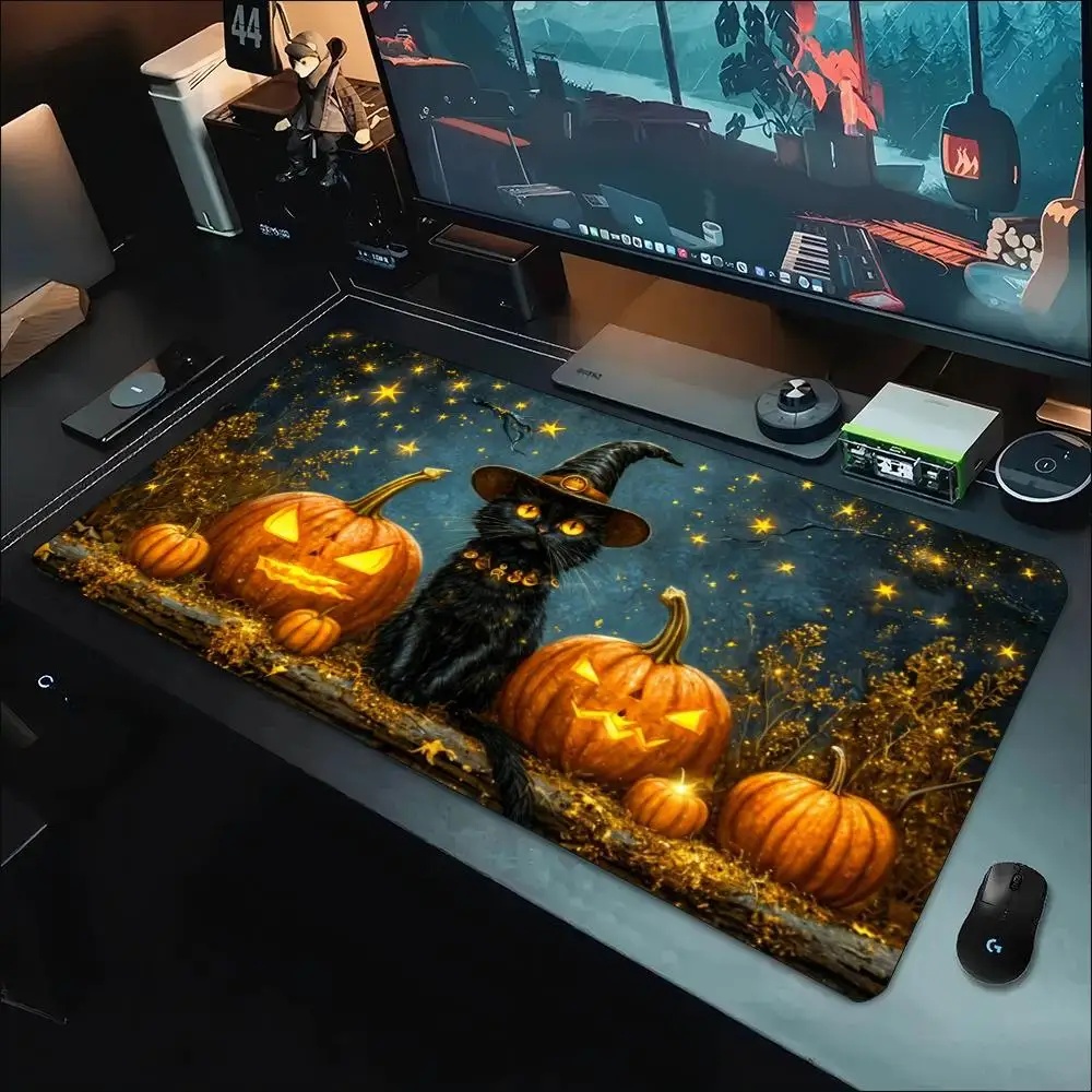 Black Cat Witch Hat Dark Forest Fireflies Pumpkins Big Gaming Mouse Pad Anti Slip Rubber Base Large Desk Mat for Cat Lover