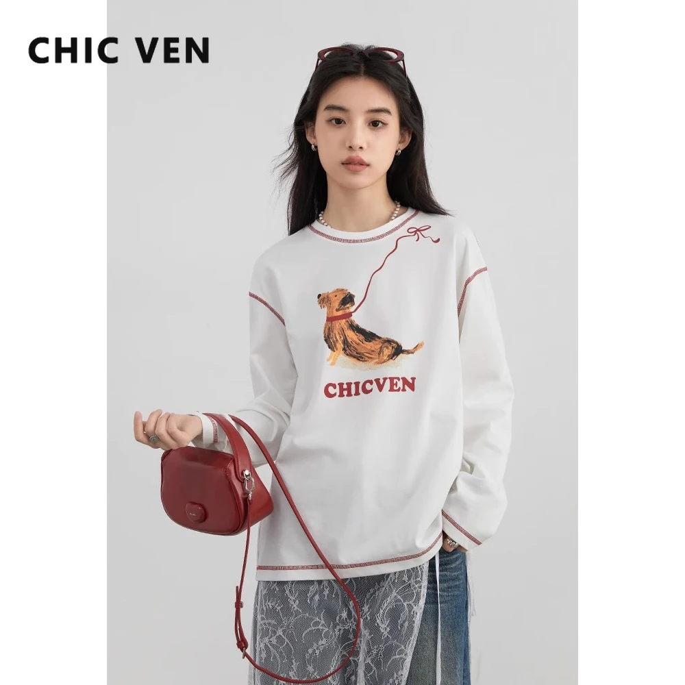 

CHIC VEN Women T-Shirts Korean Causal Loose O-neck Long Sleeve Animal Dog Printed Tees Female Tops Spring Summer New 2025