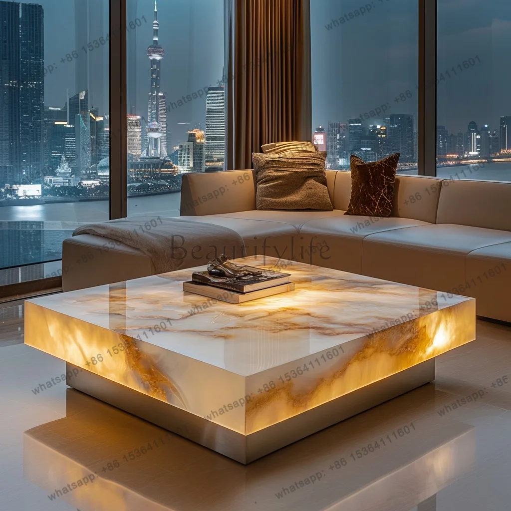YJ Medieval villa living room luminous jade luxury stone coffee table square marble high-end household light luxury minimalist