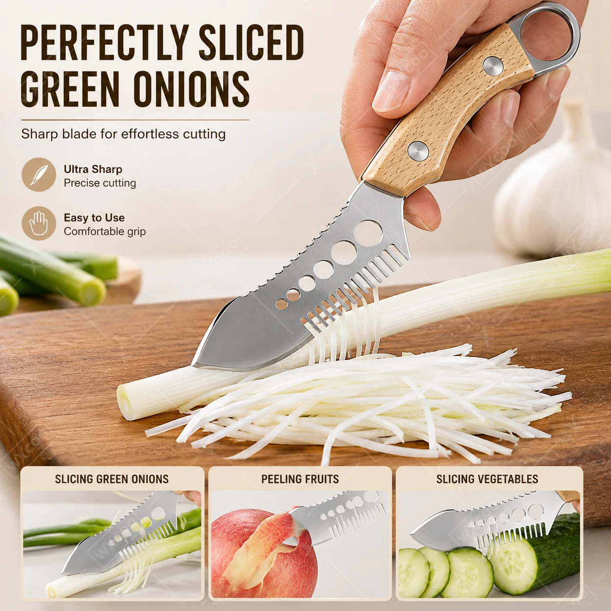 WXCOO Multifunctional Scallion Slicer Fish Scale Knife Stainless Steel Fruit Vegetable Peeler with Wooden Handle Kitchen Knife