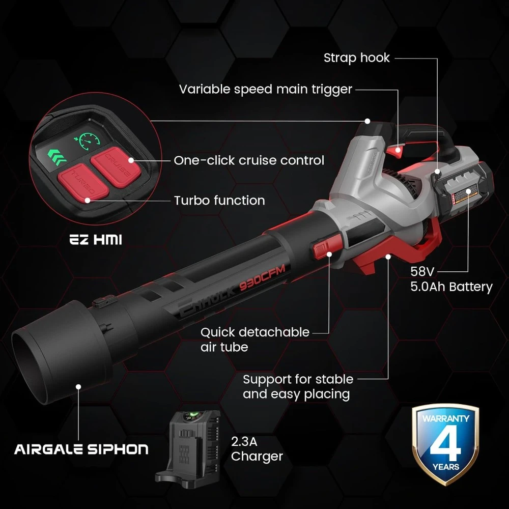 Leaf Blower Cordless, 58V Powerful Blower, 930 CFM Max. Brushless Motor, Cruise Control, Turbo Variable-Speeds