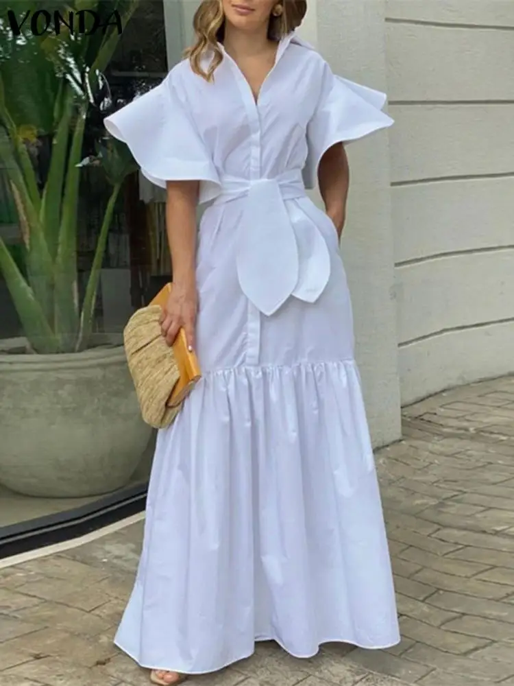 VONDA Summer Vestidos Women Short Sleeve Ruffled Tunic Dress Ladies Solid Robe Spring Casual Lapel Collar Button Up Sundress