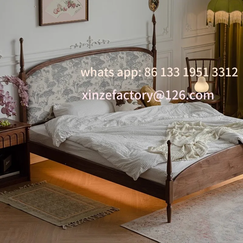 

Customizable French retro printing bed Solid wood fabric bed Fabric Small apartment