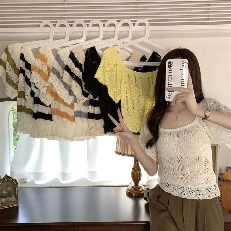 

Новый летний тонкий пуловер с квадратным вырезом, универсальный полосатый вязаный топ с короткими рукавами, женская повседневная одежда D685