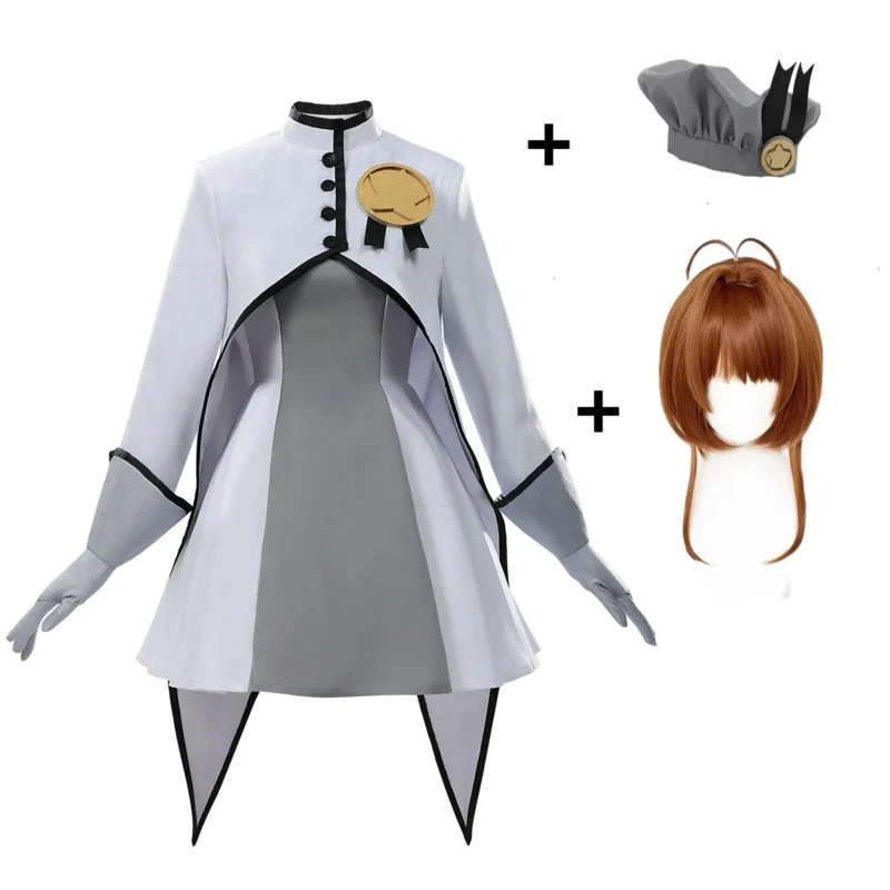 

Anime Kinomoto Sakura Cosplay White Gray Dress Cape Lolita Dresses Hat Wig Halloween Girl X;2,F;5.N;