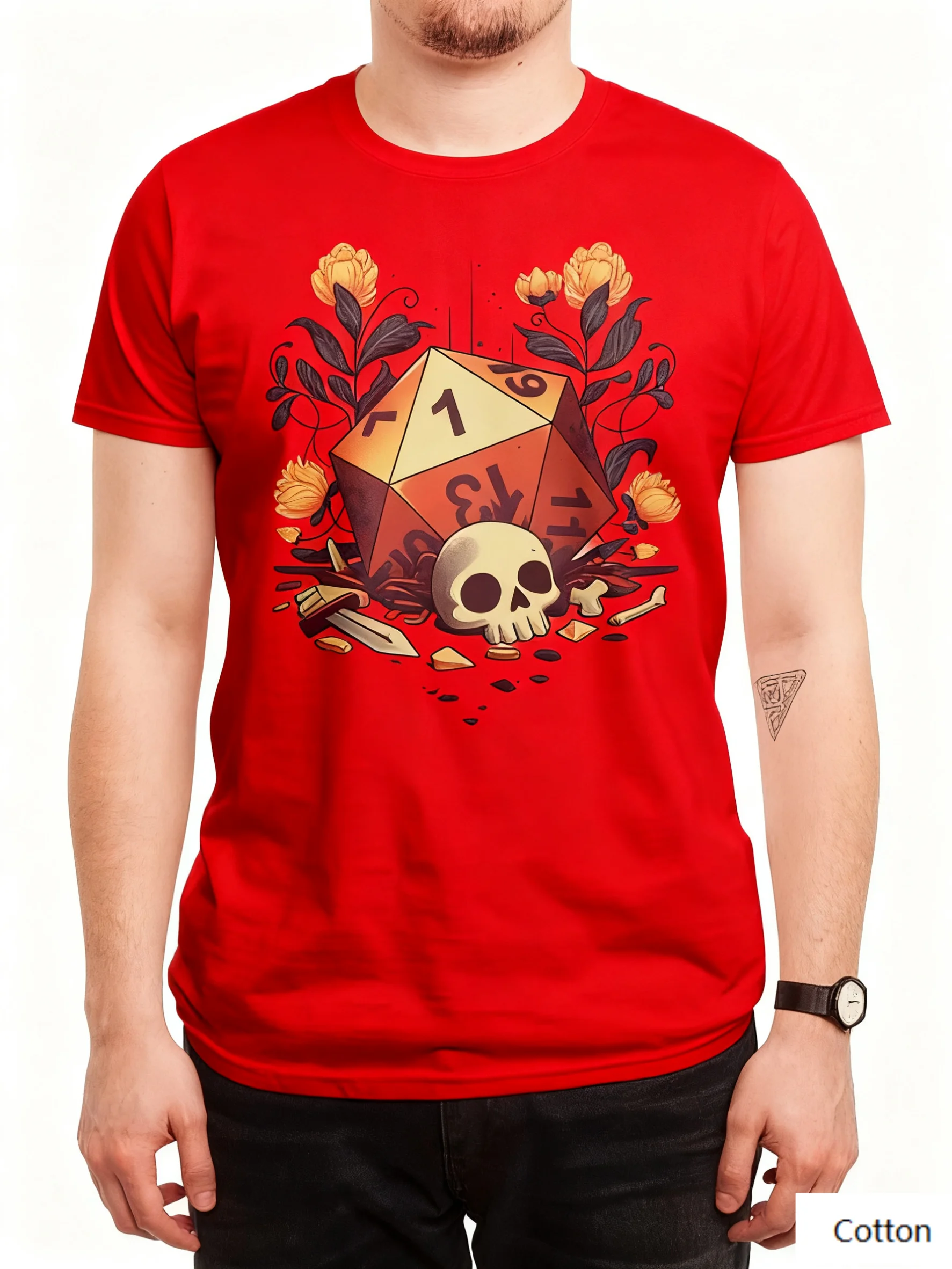 تي شيرت قطني فريد من نوعه مستوحى من آر بي جي برقبة دائرية يظهر تصميمًا حيويًا لزهور النرد والجمجمة والقطع المكسورة رائعًا