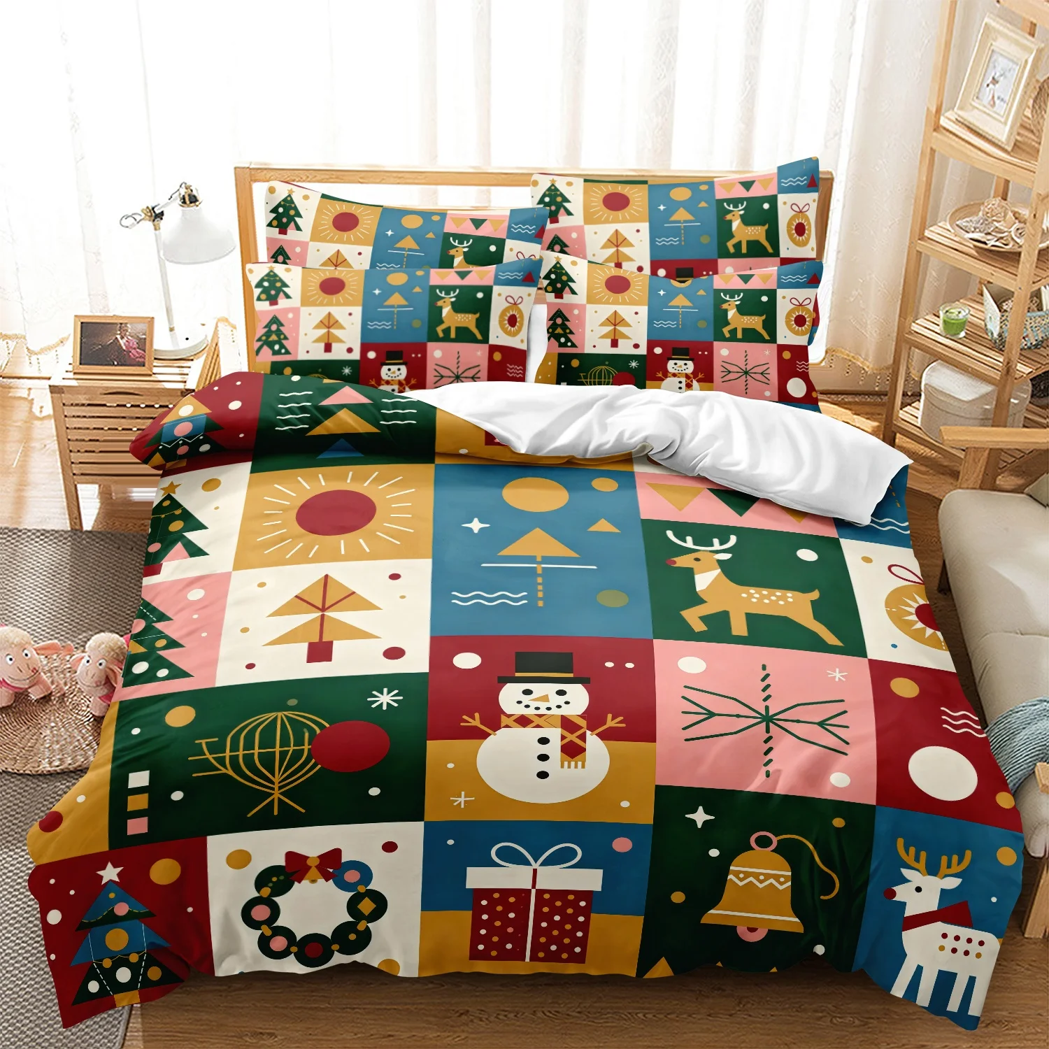  3Pcs Christmas Geometry Duvet Cover Set, Block Grid Snowman Reindeer Christmas Tree Wreath Bell and Gift Box Bedding