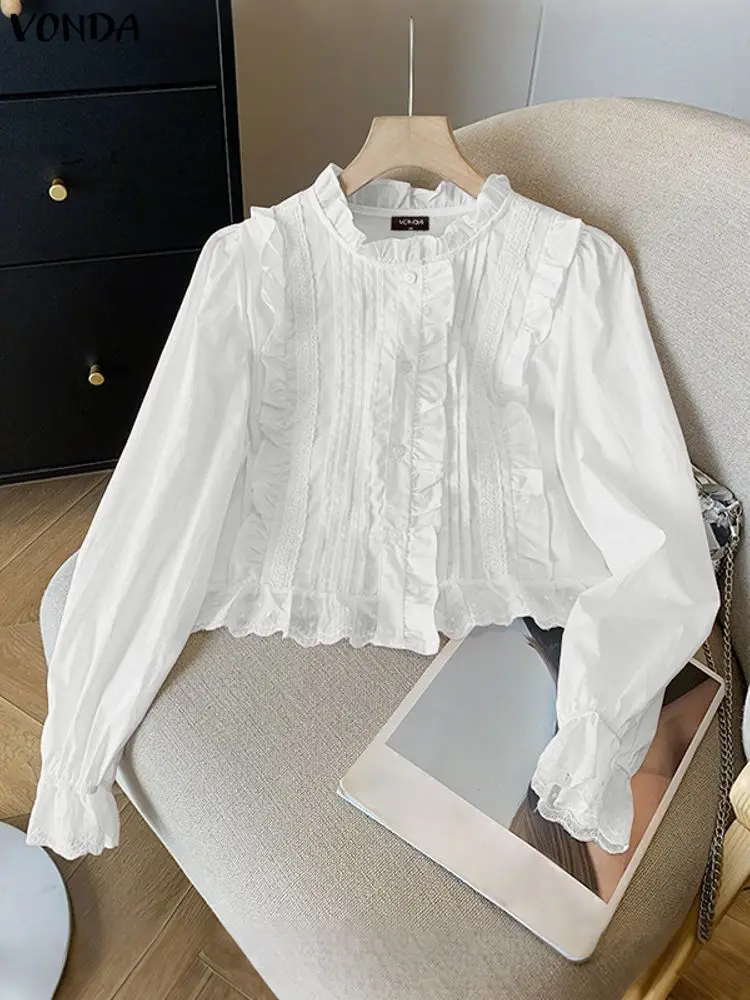 VONDA, camisa a la moda con volantes para mujer, otoño 2025, blusa lisa de manga larga con cuello redondo, Blusas informales holgadas coreanas de calle para mujer