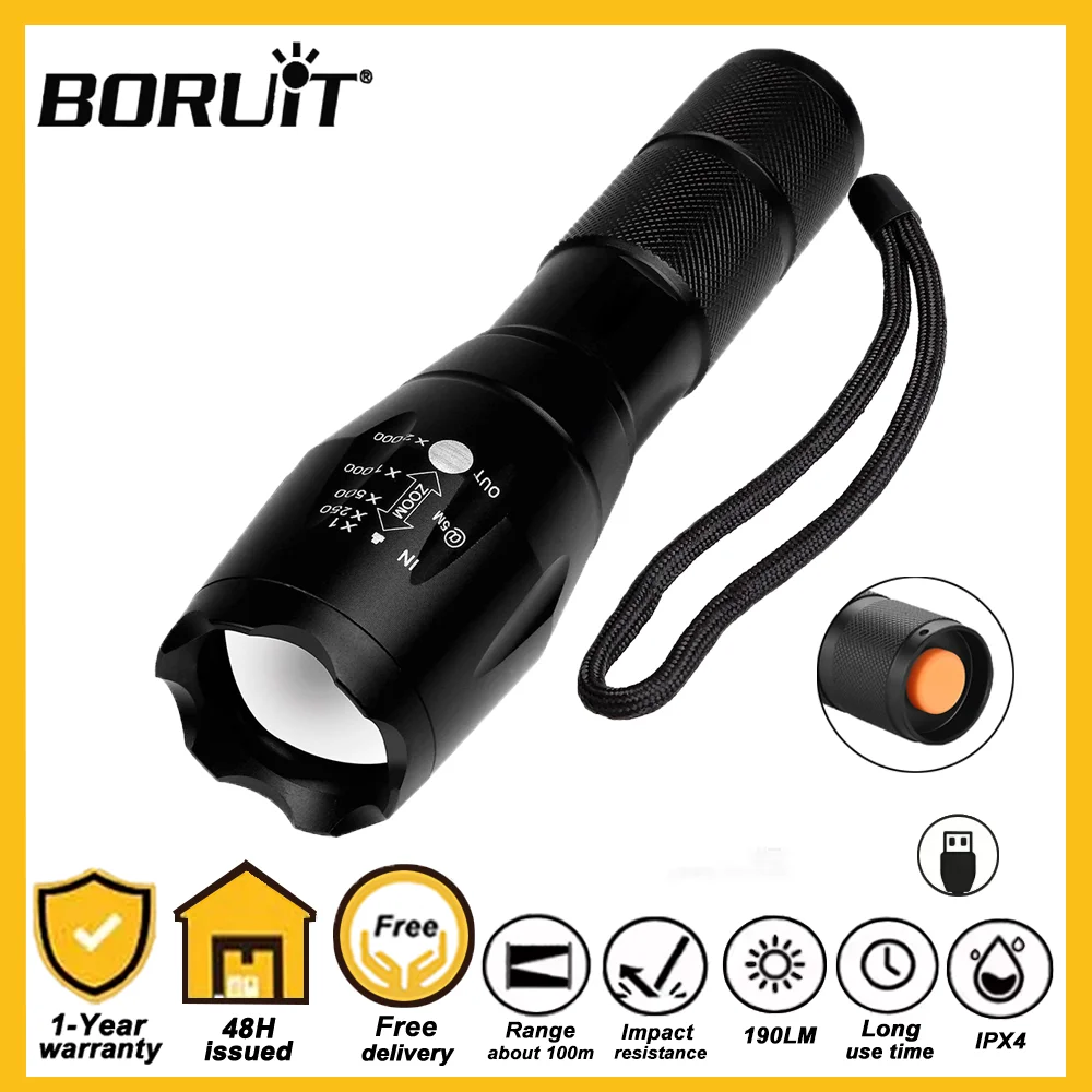 

BORUIT LED Zoom Flashlight Telescopic 18650 USB Rechargeable Torch Waterproof Outdoor Fishing Work Hand Lamp Camping Lantern