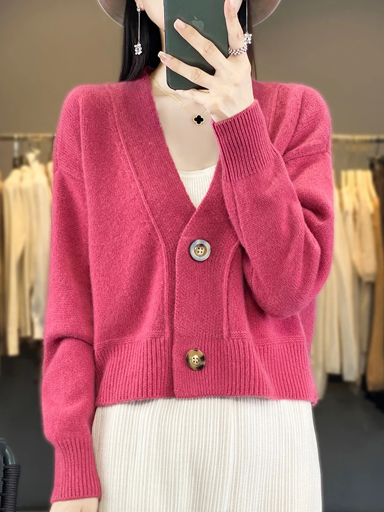 Women 100% Merino Wool Cardigan V-Neck Long Sleeve High Quality Cashmere Knitwears Autumn Winter Women\'s Sweater Vintage Tops