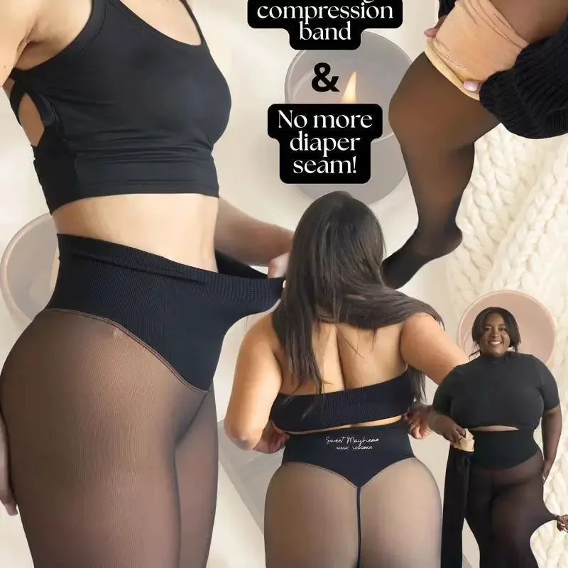 Black Sexy Translucent Fake Pantyhose for Women Fleece Lined Thicken Winter Thermal Tights High Waist Elastic Slim Stockings