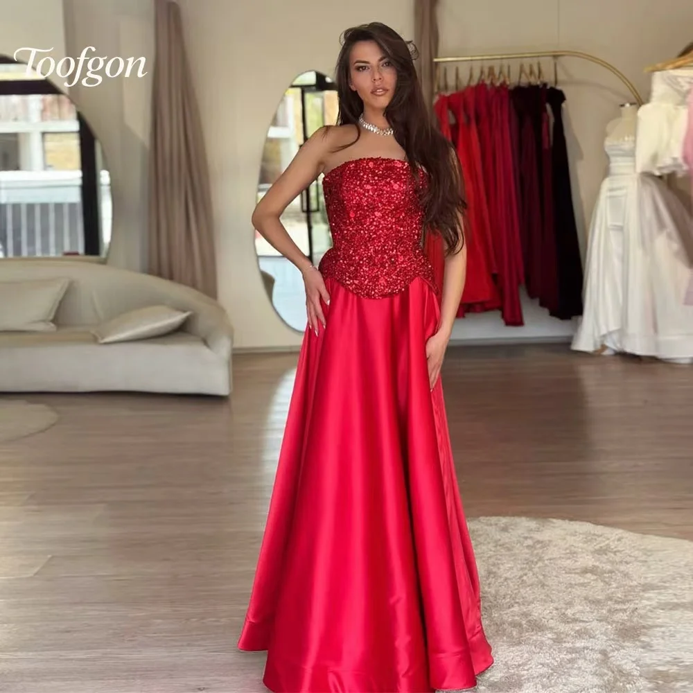 

Toofgon Red Satin Sequins Prom Dresses Strapless Fromal Party Gown Vestidos De Noche A Line Party Night Dress Corset Customized