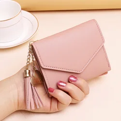 Wallet Women's 2024 New Short Style Tassel Pendant Litchi Pattern Money Clip Card Bag, Cute Zero Wallet in Hand