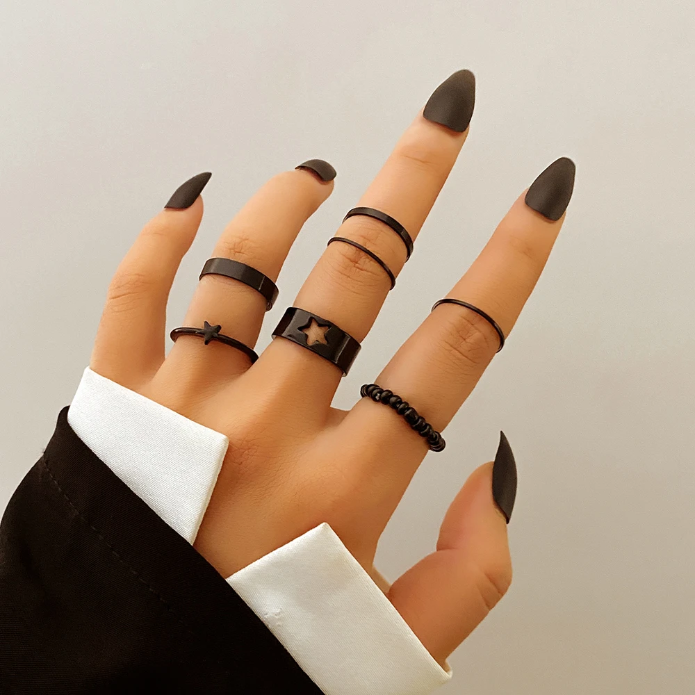 KISSWIFE New Black Paint Coating Metal Rings Set For Women Men Pentagram Couple Ring 2022 Trend Finger Rings Fashion Jewelry