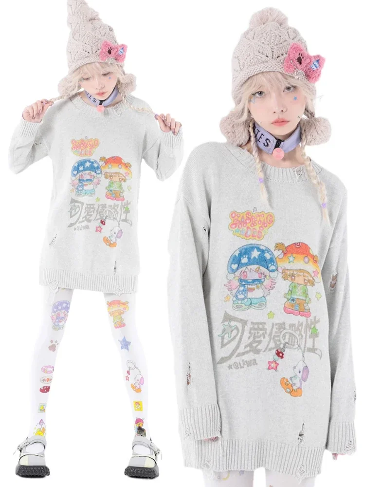 Y2k Aesthetic Cartoon Printing Harajuku Sweater Women Gothic Vintage Ripped Grunge Jumper Streetwear Oversize Hiphop Pullover