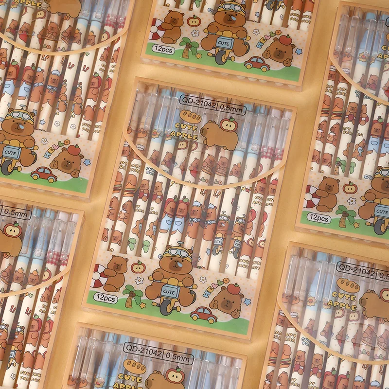 24 Pcs Capybara Straight Rod Neutral Pen Cartoon Cap Pulling Needle Type Pen Gift Student Stationery