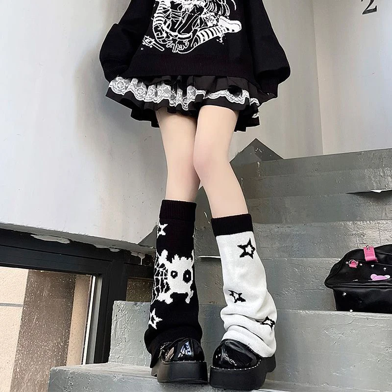 Emo scaldamuscoli gotici, calze con teschio, calzini lavorati a maglia a righe Kawaii, coprigambe Harajuku Lolita, calzini in Pile, polsino dello