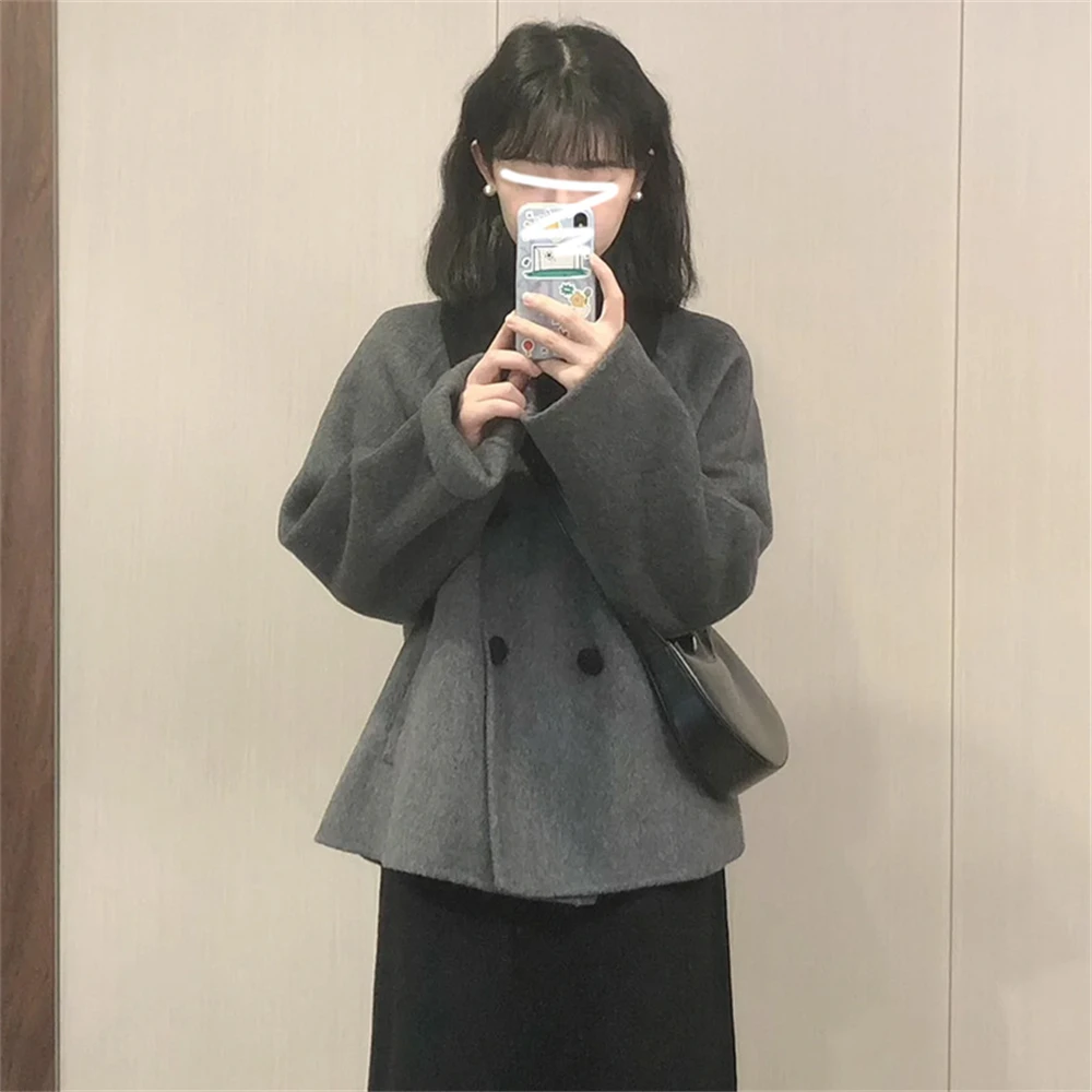 1pcs Japanese Korean Fashion Short Woolen Coats Women's Autumn Winter New Elegant Jacket Tops Ladies Grey Luxury Outerwear Gift