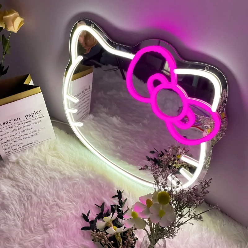 Pink White KT Cat Led Neon Sign Makeup Mirror Girl Dresser Decoration Neon Light Hello Kit Neon Mirror Usb Power Pink Room Decor