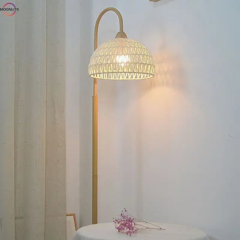 French Cream Wind Floor Lamp Living Room Sofa Atmosphere Bedroom Bedside Vertical Floor Lamp Rattan Lamp