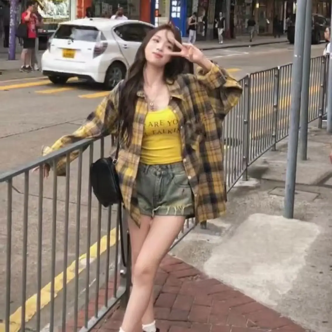 Chic giallo scozzese vestibilità ampia da donna sottile coreano Sle Pendolarismo Faion Capispalla Protezione solare Colletto lungo Sve