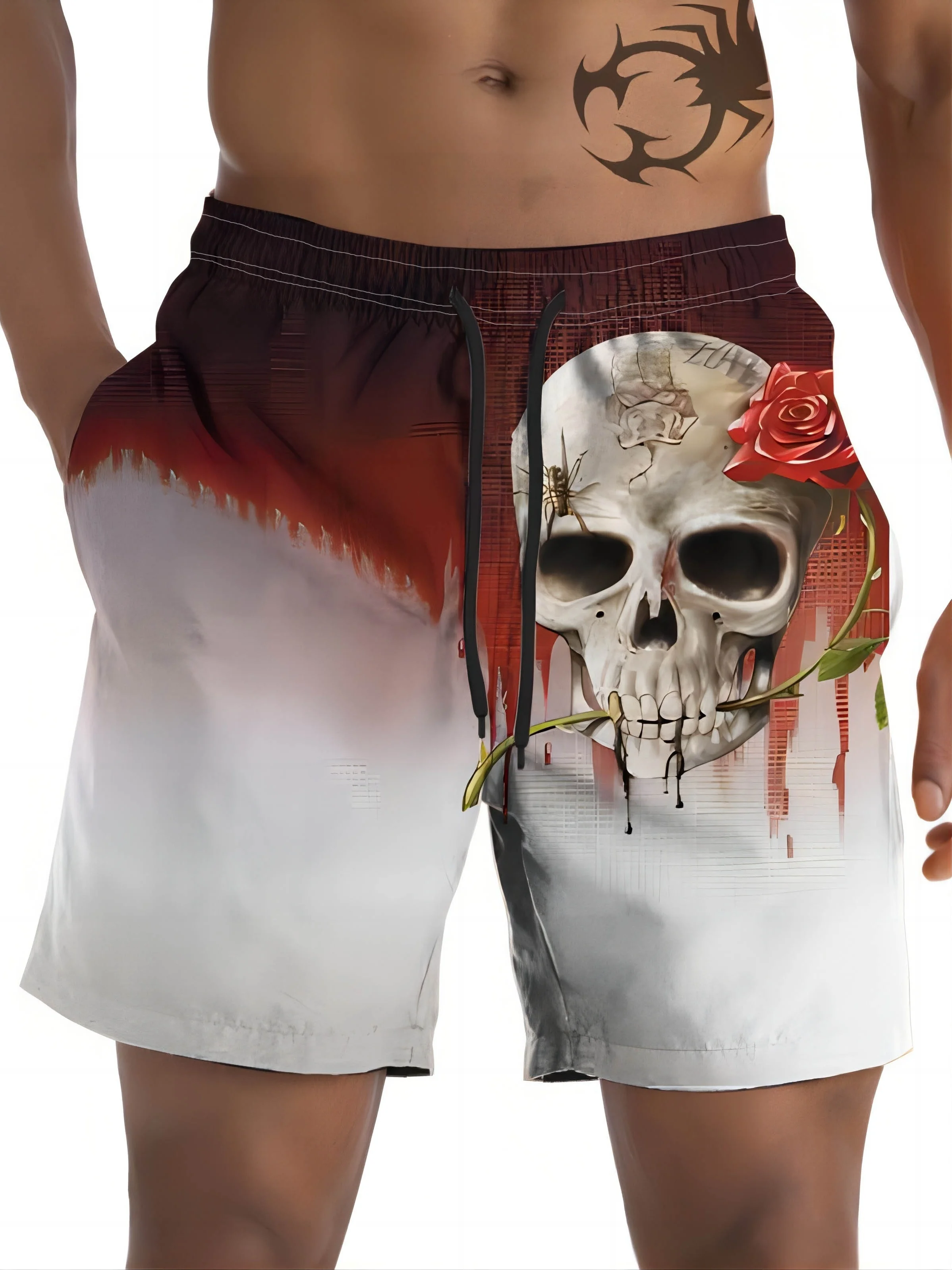 Summer Men\'s Handsome 3D Skull Printed Shorts Outdoor Cool Street Polyester Beach Shorts Sports Swimming Pants Surfboard Shorts