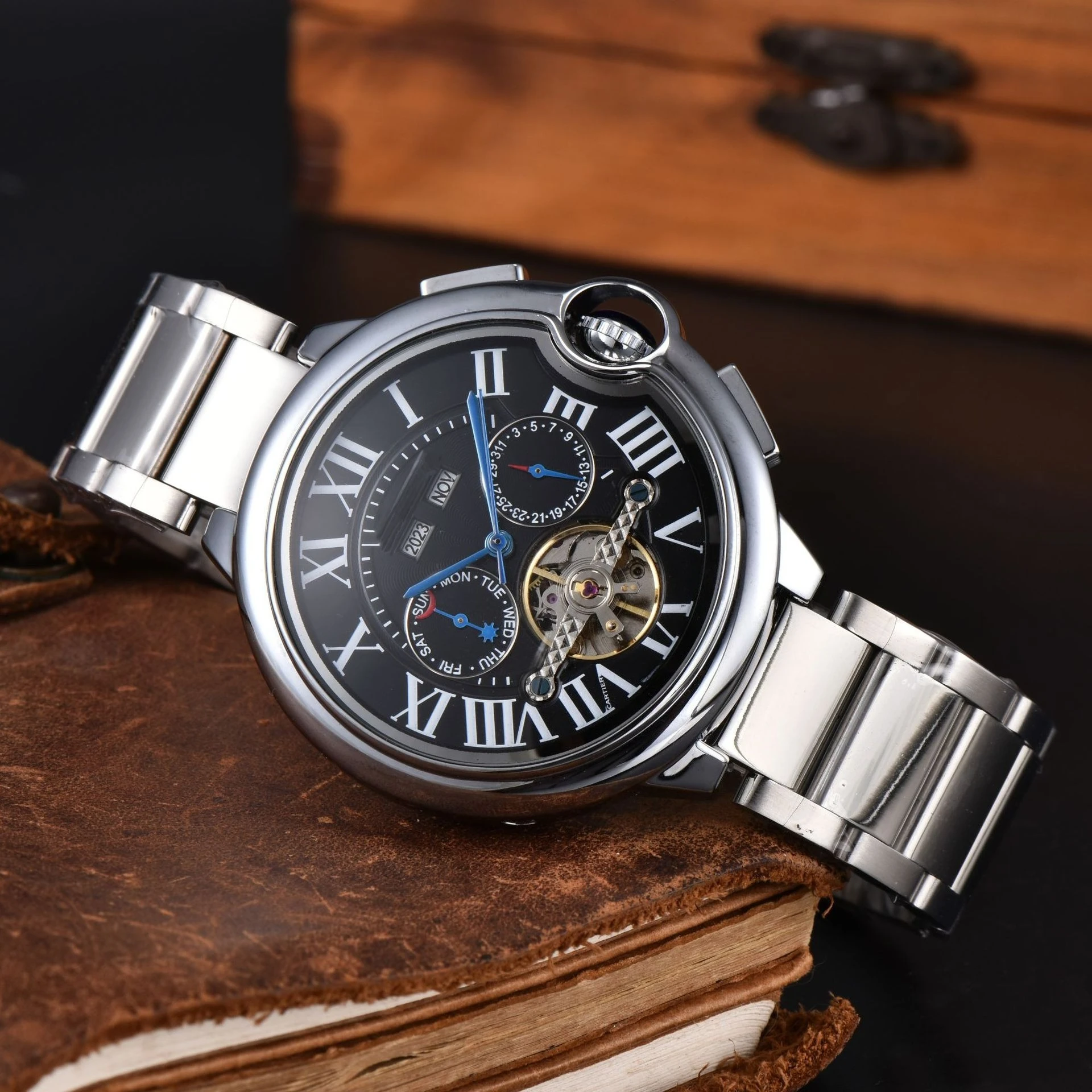 Famous Designer Brand Mens Watch Automatic Mechanical Movement with Skeleton Flywheel Luxury High Quality Steel Strap Wristwatch
