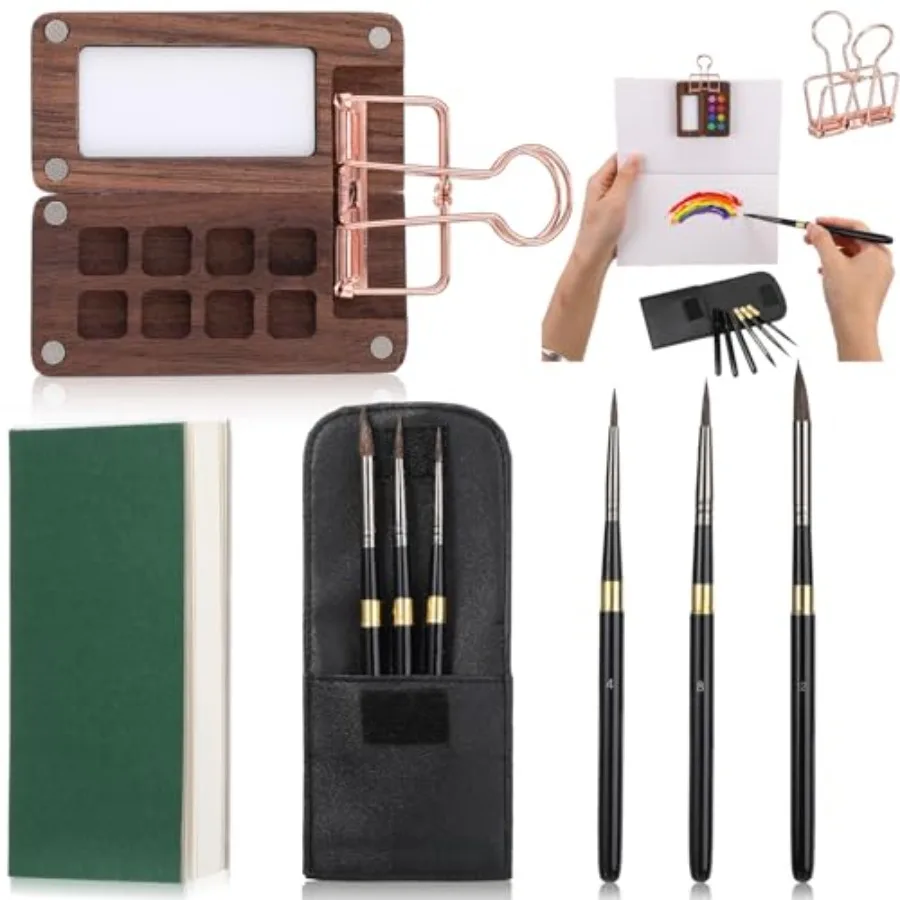 

7 Pcs Mini Water Palette Set Travel Portable Water Pocket Set Sketchbook with Binder Clip Brushes Wooden Palette Box 3 Paint Br