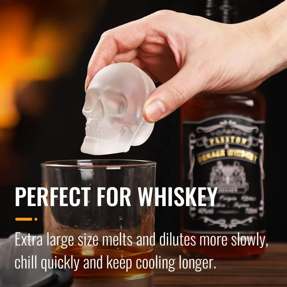 Large 3D Skull Silicone Ice Cube Mold with Funnel for Whiskey Cocktails Halloween for Baking Chocolate Candy Cake for Parties