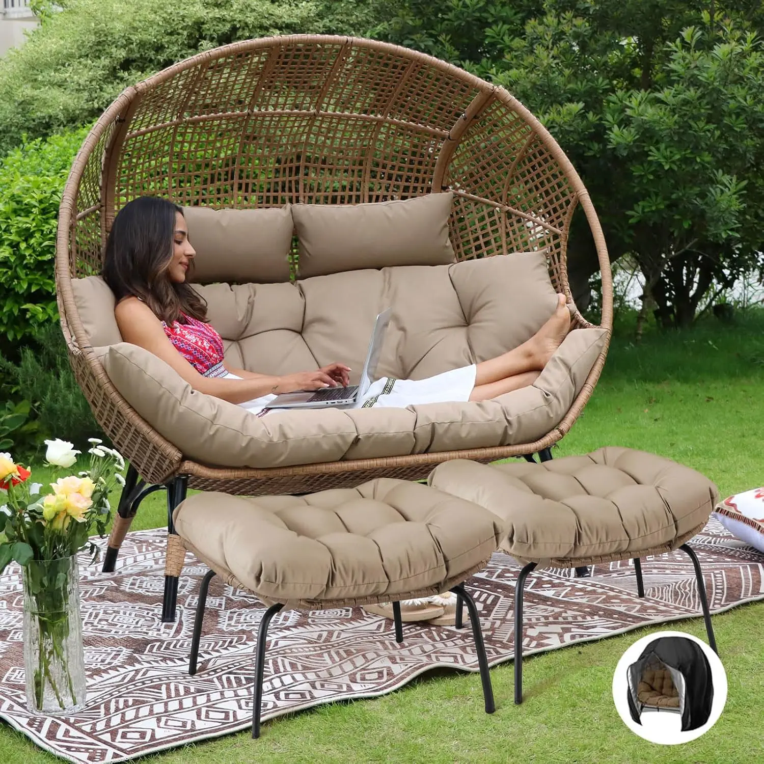 IndoorOutdoor Double Egg Chair with Footstools & Cushions, Stationary 2 Seater Comfy Loveseat for Patio Backyard Garden Sunroom