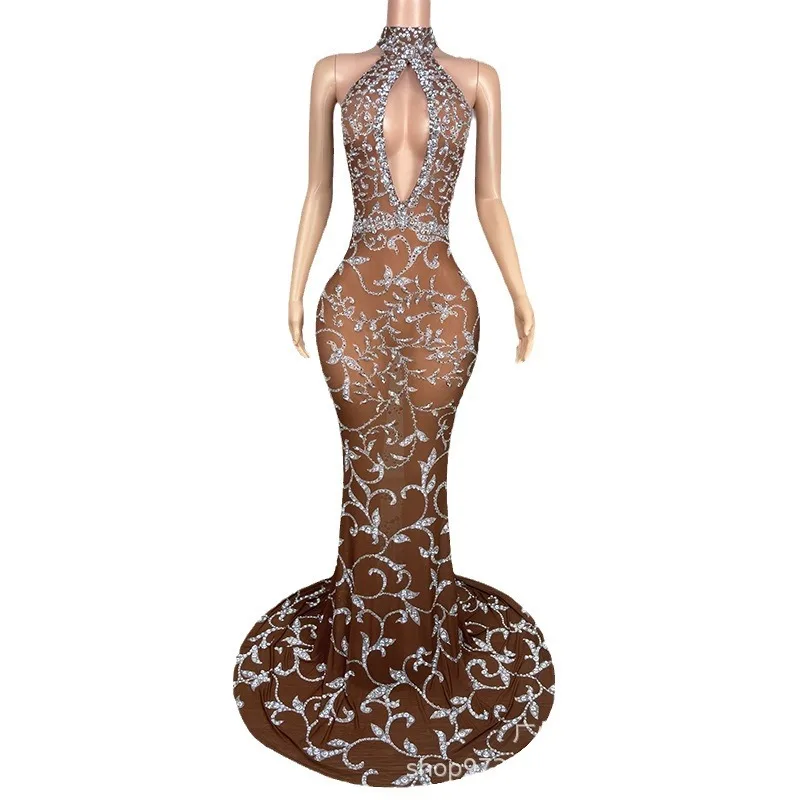 فستان سهرة مجوف برقبة معلقة على شكل زهرة صحراوية، فستان سهرة على السجادة الحمراء، حفلة بار ملهى ليلي، فرقة أداء الغناء، فساتين #1