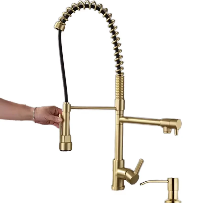 

Spring Pull Out Down Kitchen Sink Faucet Hot Water Wash Kitchen Mixer With Deck Soap Dispenser