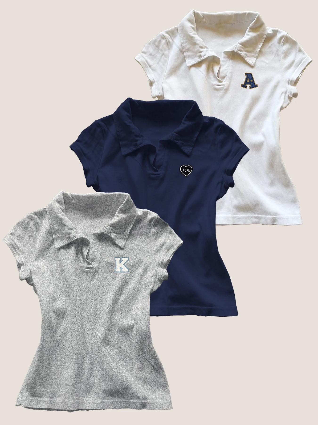 

3PC New American Retro Top Trendy Summer Polo Collar Short Sleeve Slim Shoulder T-shirt for Women