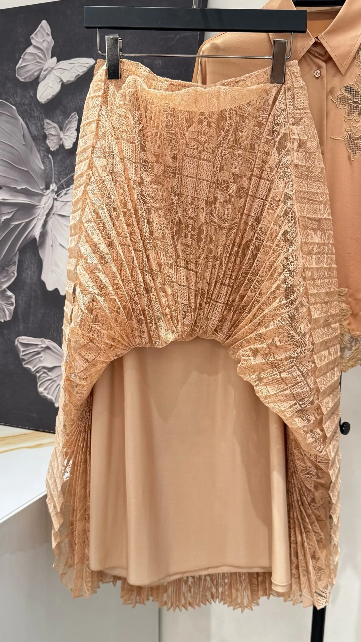 Champagne Silk Satin Embroidery Two Piece Set Women Designer Lace Shirt & Long Skirt High End Luxury Runway Party Wear view 5