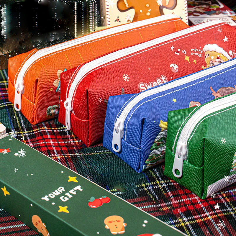 Christmas Cartoon PU Leather Pencil Bag Cute Christmas Gift Pencil Case School Stationery Storage Bag School Supplies