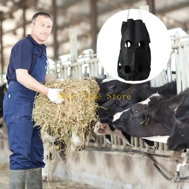 92ME Hanging Horse Feeder for Stalls and Barn Areas, Black Polyester Slow Feed Design with Reinforced Openings, 27.56 X 15.75 In