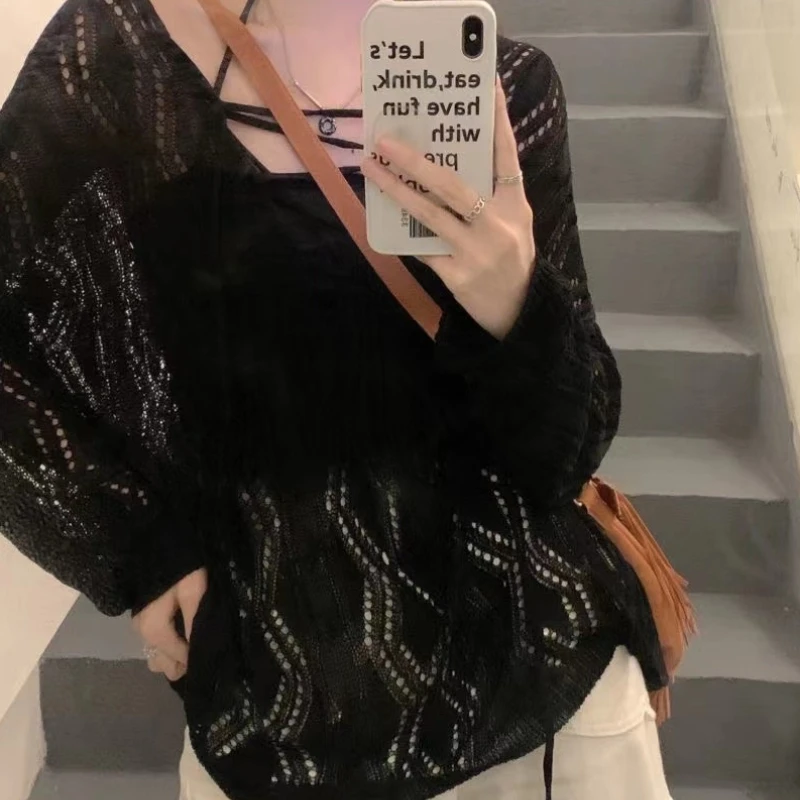 Juspinice White Lazy Style Hollow Strap Sweater Women in Spring and Summer V-neck Long Sleeve Loose Casual Fashionable Smock Top