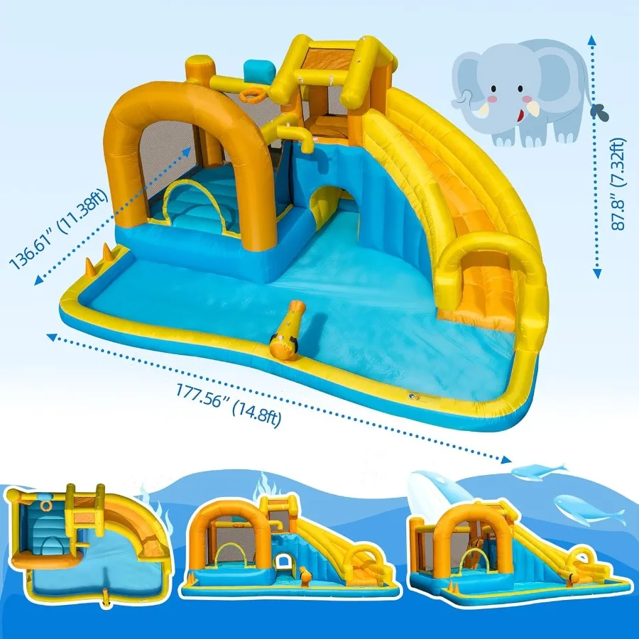 어린이용 에어 슬라이드, 대형 수영장과 긴 슬라이드가 있는 물놀이 공원, 등반 기능이 있는 에어 바운스 하우스
