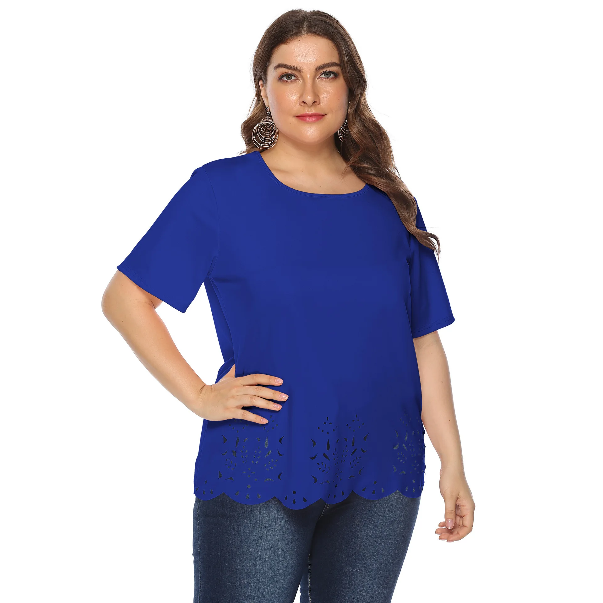 L5XL femmes décontracté grande taille T-shirt rue Sle coupe ample évider imprimé coton ort Sve rond Ne haut