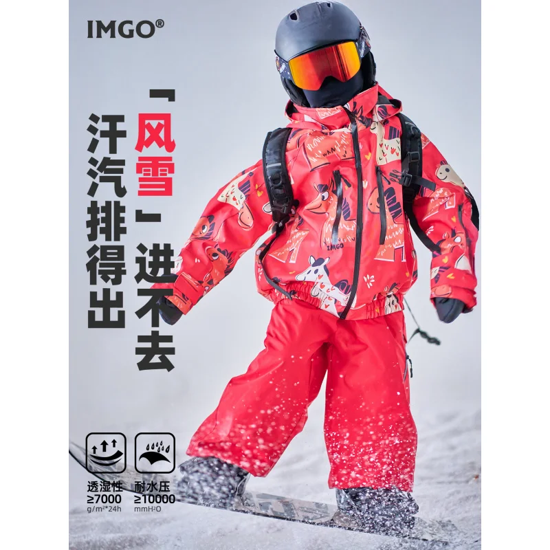 مجموعة بدلة تزلج IMGO Kids باللون الأحمر 3L للأطفال، دافئة مقاومة للماء والرياح والشتاء والرياضات الخارجية والثلج للفتيات والأولاد