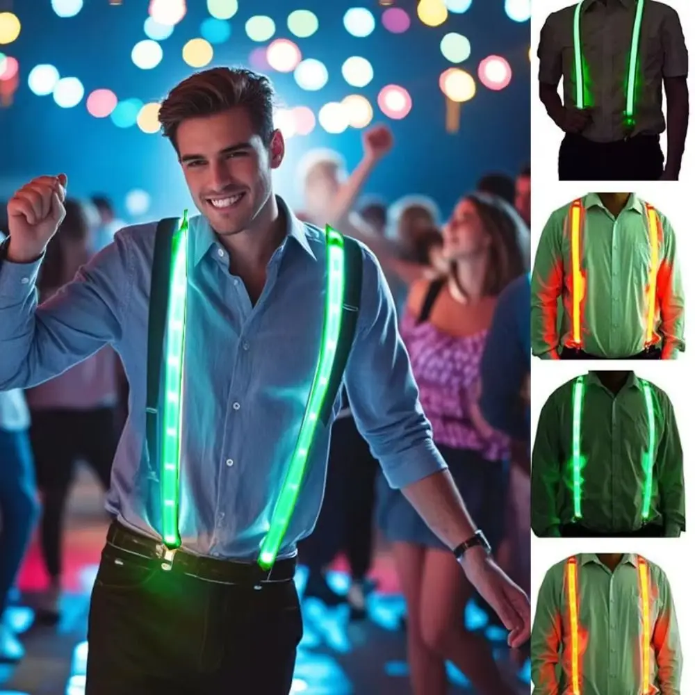 Tirantes LED iluminados para hombre que brillan en la oscuridad, pantalones luminosos en forma de Y, tirantes elásticos, 3 Clips, tirantes con lazo brillante, música