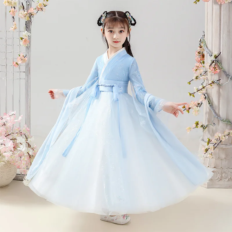 

Girls New Spring Autunm Chinese Lovely Tang Suit Kids Cotton Linen Ancient Hanfu Children Photography Perform Costumes