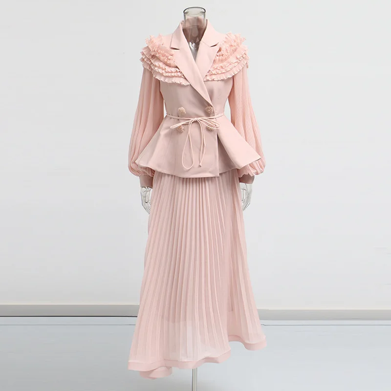 

EAEOVNI Elegant Solid Color Two Piece Set Women Ruffles Patchwork Design Lace-up Coat + Folds Long Skirt Fashion 2025 Autumn New