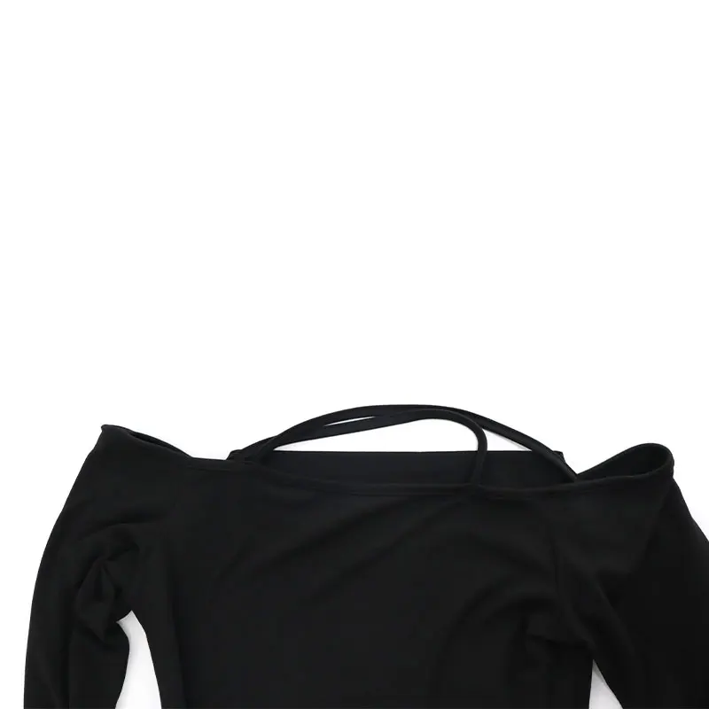 تي شيرت نسائي مكشوف الكتفين ، تي شيرتات بأكمام طويلة ، تيشيرتات ضيقة غير رسمية ، تيشيرت أنيق متعدد الاستخدامات للسيدات ، ملابس شارع سوداء ، موضة جديدة ، خريف