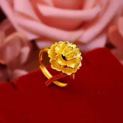 Luxury Female Flower Ring Finger Ring for Women Real 18k Yellow Gold Hollow Out Wedding Party Ring Gifts Women‘s Flower Jewelry