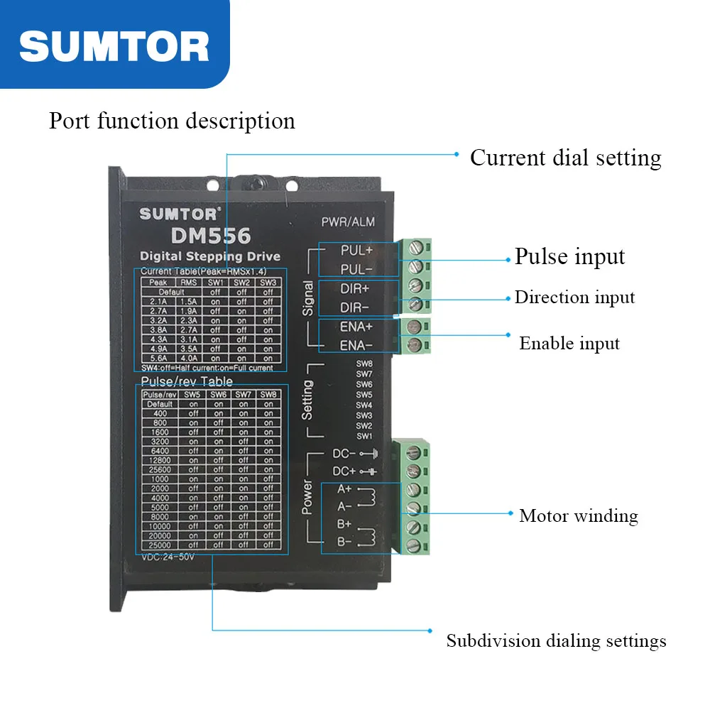 NEMA 23 스텝 모터 드라이버 DM556 5.6A 256 서브디바이드 2상 Nema23 스테퍼 모터 드라이버 재고 있음 SUMTOR